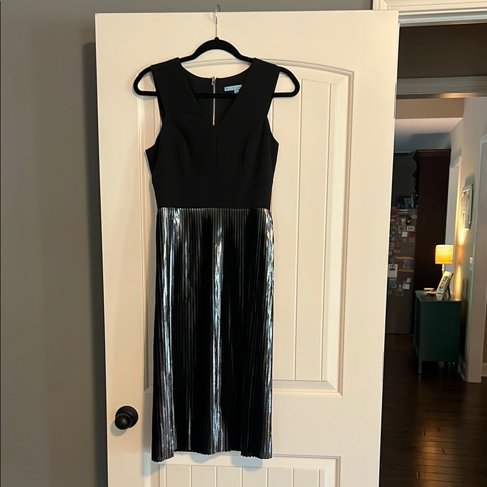 ANTONIO MELANI Black and Silver Pleated Sheath Midi Dress